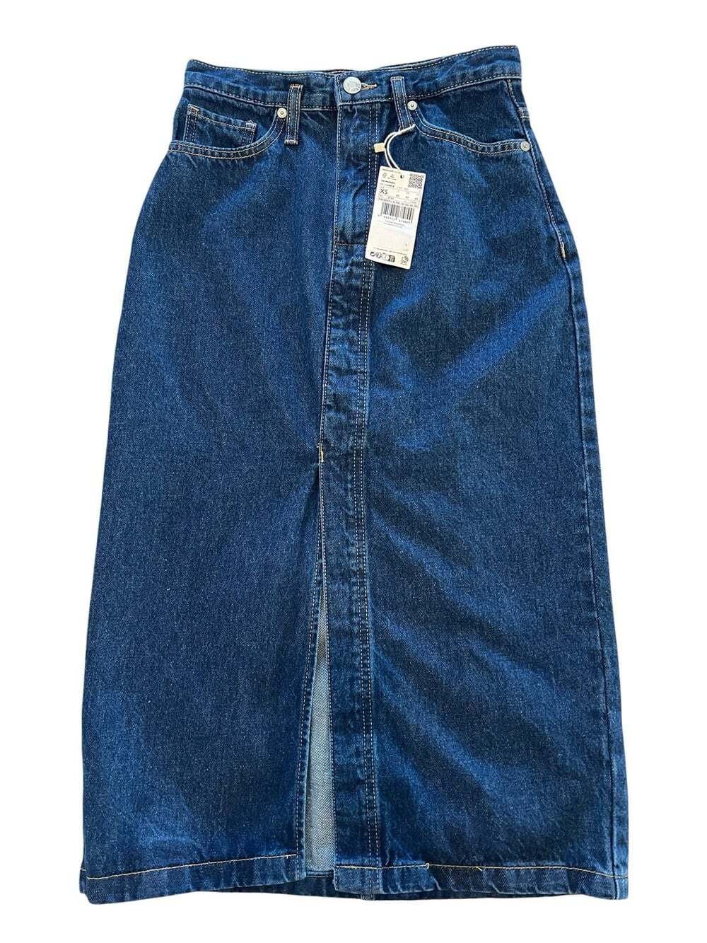Mango 100% Cotton Denim Cottagecore Coastal Boho Preppy Midi Skirt Front Slit-XS - Picture 1 of 7